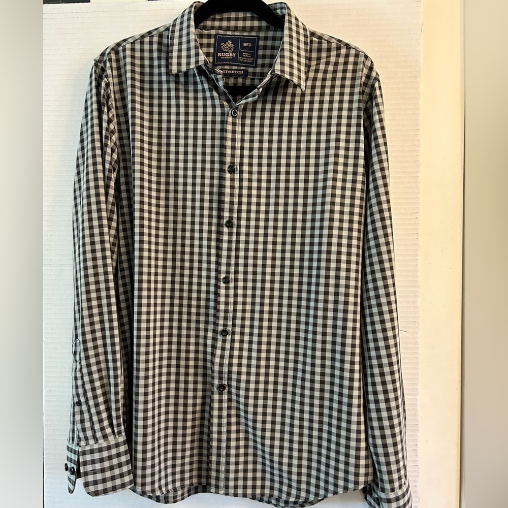 RUGBY stretch mens‎ long sleeve button down shirt in black & gray. Sz Medium F1
